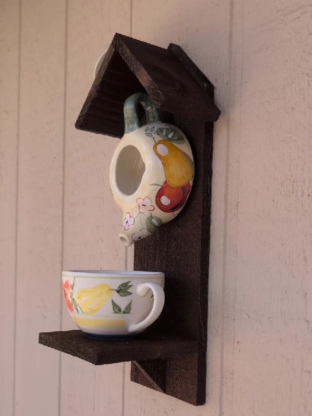 Rustic Wooden Handmade Teapot Bird Feeder Fruit And Flowers